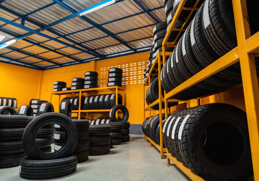 New tire is placed on the tire storage rack on large warehouse. Automobile industry, Car tires.